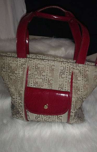 Liz Claiborne Handbags - Liz Claiborne Red Creme Gold Logo Bag Small